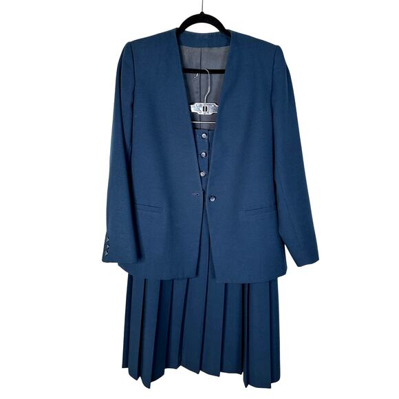 Michelle Stuart Vintage 80's 2 Piece Suit Set 6 Pleated Midi Skirt Blazer Navy - Picture 1 of 9